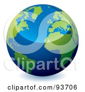 Royalty Free RF Clipart Illustration Of A Reflective Blue Globe With Green Continents Centered On The Atlantic by michaeltravers #COLLC93706-0111