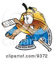 Hard Hat Mascot Cartoon Character Playing Ice Hockey
