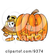 Poster, Art Print Of Hard Hat Mascot Cartoon Character With A Carved Halloween Pumpkin