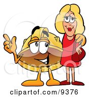 Clipart Picture Of A Hard Hat Mascot Cartoon Character Talking To A Pretty Blond Woman