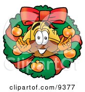 Hard Hat Mascot Cartoon Character In The Center Of A Christmas Wreath by Mascot Junction