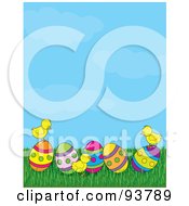 Poster, Art Print Of Spring Time Easter Background Of Baby Chicks With Easter Eggs Under A Blue Sky