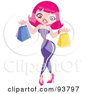 Royalty Free RF Clipart Illustration Of A Stylish Pink Haired Woman In A Purple Jumpsuit Holding Up Shopping Bags