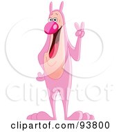 Poster, Art Print Of Friendly Pink Rabbit Gesturing The Peace Sign