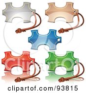 Digital Collage Of Five Shiny Puzzle Shaped Price Tags With Brown Strings