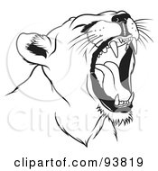 Poster, Art Print Of Black And White Roaring Female Lion Head - 1