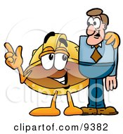 Clipart Picture Of A Hard Hat Mascot Cartoon Character Talking To A Business Man