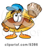 Hard Hat Mascot Cartoon Character Catching A Baseball With A Glove