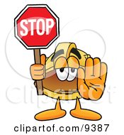 Hard Hat Mascot Cartoon Character Holding A Stop Sign