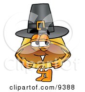 Poster, Art Print Of Hard Hat Mascot Cartoon Character Wearing A Pilgrim Hat On Thanksgiving