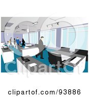 Royalty Free RF Clipart Illustration Of An Office Interior With People Walking By Desks