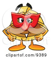 Hard Hat Mascot Cartoon Character Wearing A Red Mask Over His Face