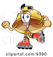 Hard Hat Mascot Cartoon Character Roller Blading On Inline Skates