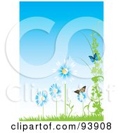 Royalty Free RF Clipart Illustration Of A Blue Flowers With Butterflies Vines And Grass Against A Blue Sky
