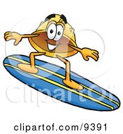 Hard Hat Mascot Cartoon Character Surfing On A Blue And Yellow Surfboard by Mascot Junction