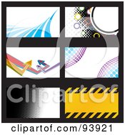 Royalty-Free (RF) Clipart Illustration of a Digital Collage Of Six Wave, Halftone, Arrow, And Hazard Stripe Business Card Design Templates by Arena Creative #COLLC93921-0094