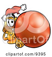 Poster, Art Print Of Hard Hat Mascot Cartoon Character Wearing A Santa Hat Standing With A Christmas Bauble