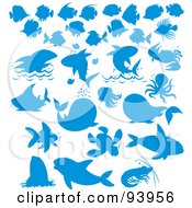 Poster, Art Print Of Digital Collage Of Blue Silhouetted Sea Animals