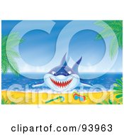 Poster, Art Print Of Blue Shark Jumping On Shore Near Snorkel Gear