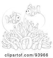 Royalty Free RF Clipart Illustration Of An Outline Of Clownfish Over A Sea Anemone by Alex Bannykh