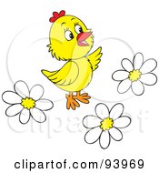 Poster, Art Print Of Cute Yellow Chick With White Daisy Flowers