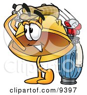Clipart Picture Of A Hard Hat Mascot Cartoon Character Swinging His Golf Club While Golfing by Toons4Biz
