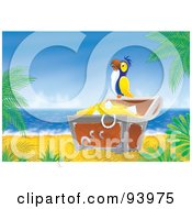 Poster, Art Print Of Parrot Perched On A Treasure Chest Of Booty On A Tropical Beach