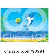 Poster, Art Print Of Playful Blue Dolphin Jumping With A Ball By A Beach