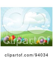 Poster, Art Print Of The Sun Shining In The Sky Over Green Hills And Easter Eggs In Grass