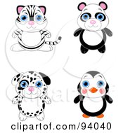 Digital Collage Of A Cute White Tiger Panda Dalmatian Puppy And Penguin