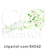 Poster, Art Print Of Background Of Green Music Notes Pink Flowers And Vines