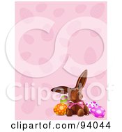 Royalty Free RF Clipart Illustration Of A Chocolate Easter Bunny And Eggs On A Pink Egg Background
