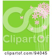 Poster, Art Print Of Pink Butterflies And Tall Flowers Over Green