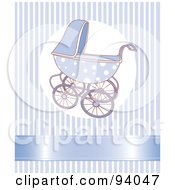 Blue Baby Boy Stroller Over A Blue Striped Background With A Shiny Ribbon