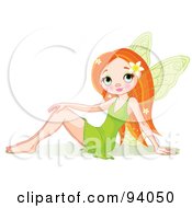 Royalty Free RF Clipart Illustration Of A Pretty Spring Fairy In A Green Dress Sitting On The Ground