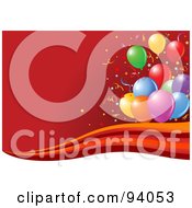 Poster, Art Print Of Colorful Balloons And Confetti Over A Red Background With A Wave