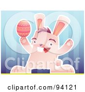 Royalty Free RF Clipart Illustration Of A Pink Rabbit Holding Up A Pink Easter Egg Over Blue by Qiun