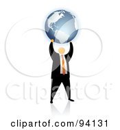 Poster, Art Print Of Orange Faceless Businessman Holding Up A Globe
