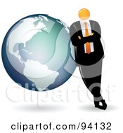 Royalty Free RF Clipart Illustration Of An Orange Faceless Businessman Leaning On A Globe