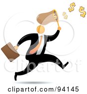 Poster, Art Print Of Orange Faceless Businessman Running And Catching Dollars In A Net