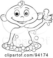 Poster, Art Print Of Outlined Baby Holding Up A Rubber Duck In A Bubble Bath