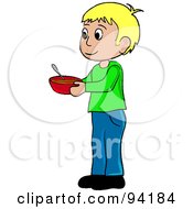Poster, Art Print Of Little Caucasian Boy Standing And Holding A Bowl
