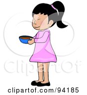 Poster, Art Print Of Little Asian Girl Standing And Holding A Bowl