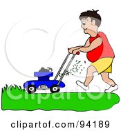 Poster, Art Print Of Fat Man Mowing A Lawn With A Mower
