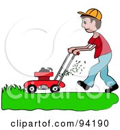 Brunette Caucasian Boy Mowing A Lawn With A Mower