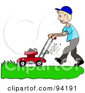 Blond Caucasian Boy Mowing A Lawn With A Mower
