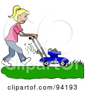 Blond Caucasian Girl Mowing A Lawn With A Mower