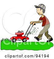 Asian Boy Mowing A Lawn With A Mower