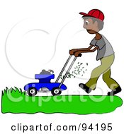 Hispanic Boy Mowing A Lawn With A Mower