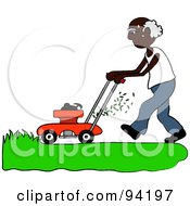 Senior African American Man Mowing A Lawn With A Mower